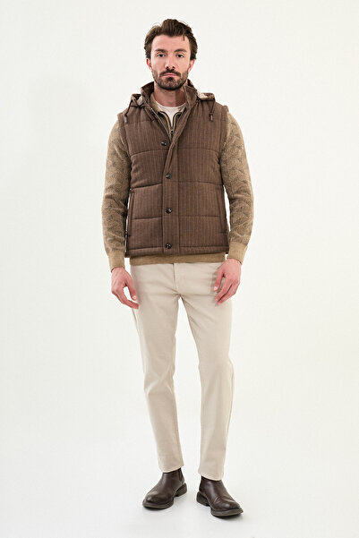 Mcr Striped Slim Fit Hooded Puffer Men's Vest Brown - 40950.25K