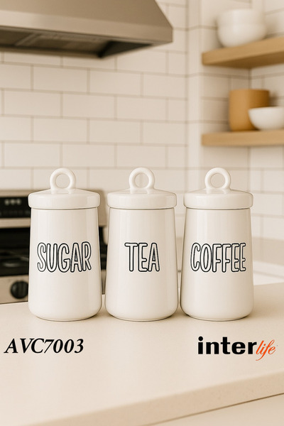 İnterlife مجموعة من 3 برطمانات سيراميك لتخزين الشاي والقهوة والسكر من موديل ليزا مع أغطية، منظم للطاولة، سعة 750 مل