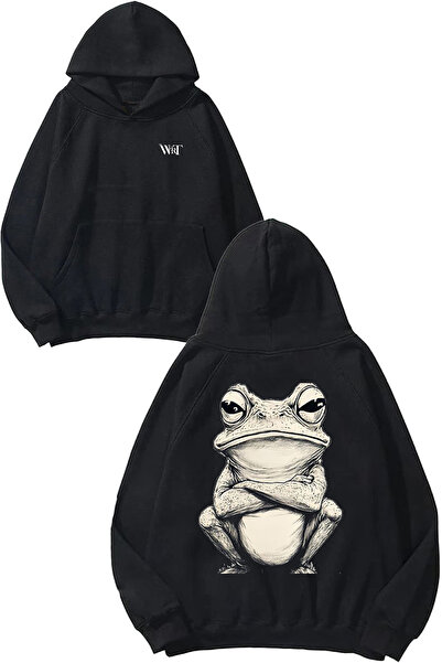 THEWERT Hanorac negru cu glugă cu imprimeu pe spate Grumpy Frog 1 Design
