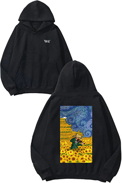 THEWERT Hanorac negru cu glugă cu imprimeu pe spate Van Gogh 3 Design