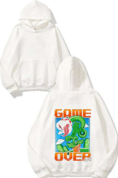 THEWERT Hanorac alb cu glugă cu imprimeu Game Over Design