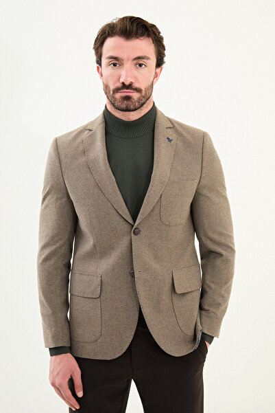 Mcr Plain Slim Fit Pocket Mono Collar Wool Men's Jacket Khaki - 41470.25K