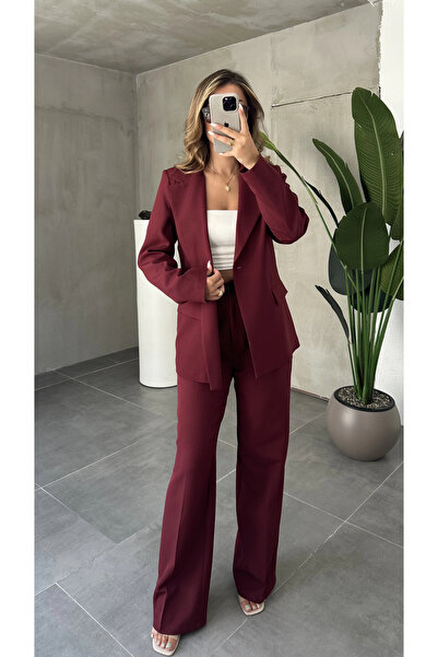 asfamoda سترة نسائية بورجوندي بزر واحد وبنطلون بالازو - طقم مكون من قطعتين
