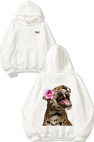 THEWERT سويت شيرت أبيض بقلنسوة مطبوع عليه تصميم ليوبارد 8 على الظهر