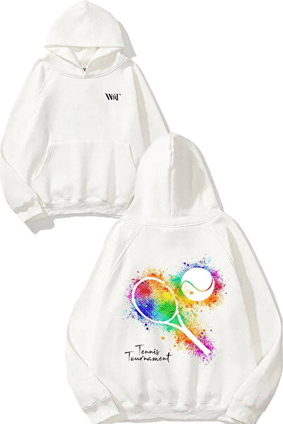 THEWERT سويت شيرت أبيض بقلنسوة مطبوع عليه تصميم تنس 4 على الظهر