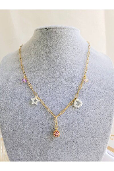 LE&DA Accessory Pembe taşlı, Yıldızlı, Kalpli Ataç Çelik Zincirli Charm Kolye