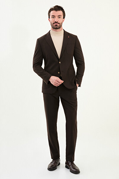 Mcr Düz Slim Fit Torba Cep Beli Lastikli İpli Yün Erkek Takım Elbise Kahve - 45417.25K