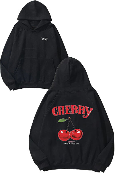 THEWERT Hanorac negru cu glugă cu imprimeu în spate Cherry 3 Design