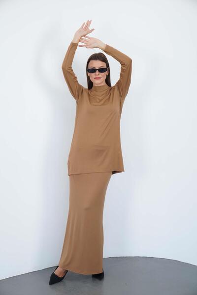 penyebizden Viscose Stand Collar Tunic and Skirt Set-Cinnamon