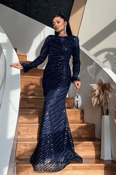 giyimmasalı Sequin Fabric Hijab Evening Dress - Navy Blue
