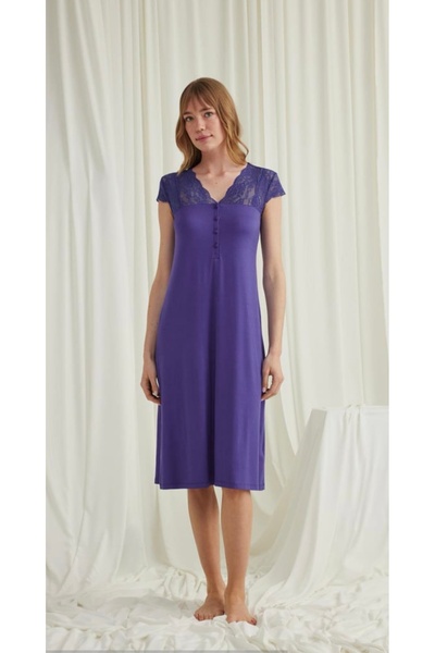 NightLove فستان نوم طويل من Monamise مع ياقة دانتيل وأزرار في الأمام 18574