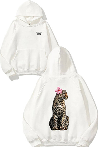 THEWERT سويت شيرت أبيض بقلنسوة مطبوع عليه تصميم ليوبارد 6 على الظهر