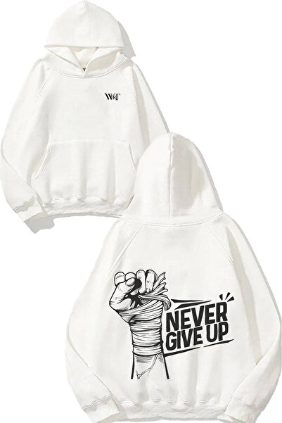 THEWERT Hanorac alb cu glugă cu imprimeu pe spate Gym Never Give Up 3 Design