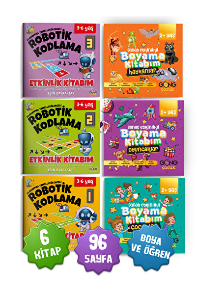 Gong 2li Set Robotik Kodlama ve Sanat Etkinlikli Boyama Kitabı 6'lı Çocuk Kit...