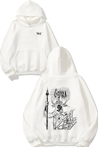 THEWERT سويت شيرت أبيض بقلنسوة مطبوع عليه تصميم Gojira 5