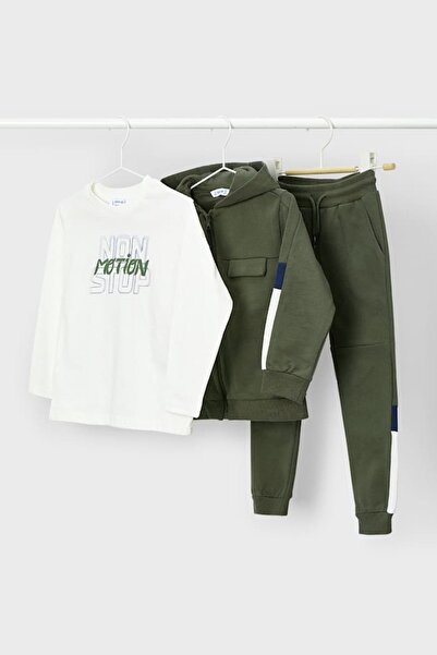 MAYORAL Erkek Çocuk Renk Bloklu Kapüşonlu 3 Parça Eşofman Takımı - Haki/Krem