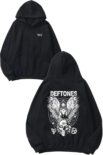 THEWERT سويت شيرت بقلنسوة أسود اللون مطبوع عليه تصميم Deftones Owl على الظهر