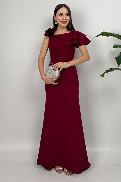 Dolcha Kadın Bordo Tek Omuz Balık Model Çiçek Detaylı Uzun Abiye Elbise - Del...