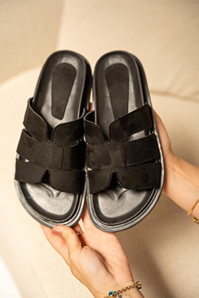 LAMİNTA Olden Black Suede Thick Sole Women's Slippers