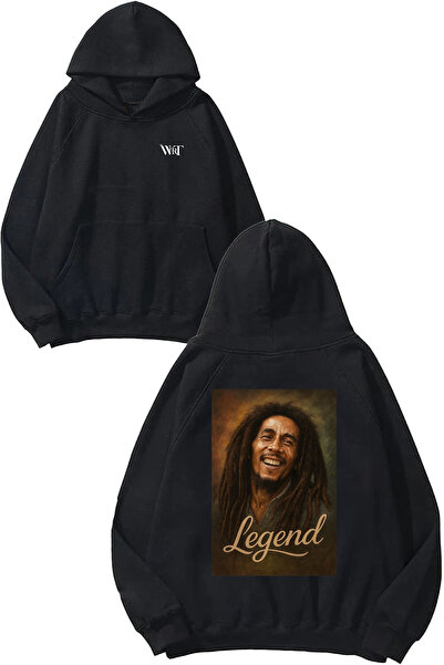 THEWERT Hanorac negru cu glugă cu imprimeu pe spate Bob Marley Legend Design