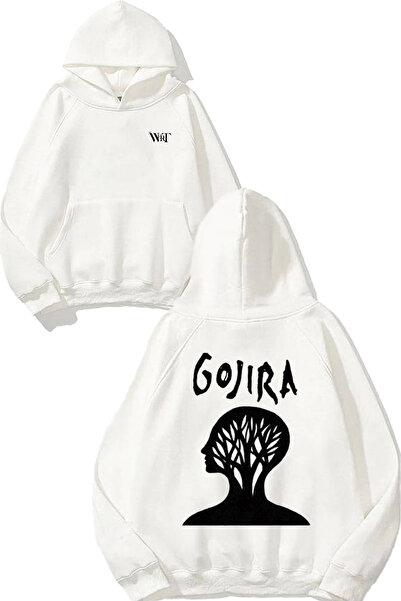 THEWERT سويت شيرت أبيض بقلنسوة مطبوع عليه تصميم Gojira 9