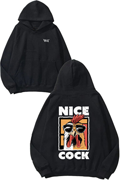 THEWERT Nice Cock Design Back Printed Black Hooded Sweatshirt
