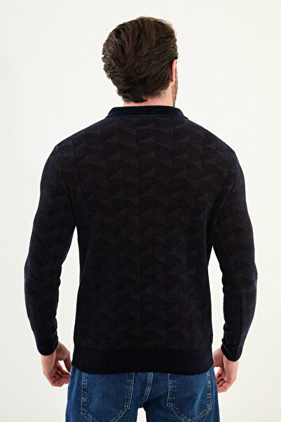 Mcr Patterned Slim Fit Zippered Polo Collar Chenille Fabric Men's Knitwear Sweater Navy Blue - 11555.25K
