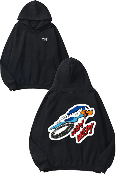 THEWERT Hanorac negru cu glugă cu imprimeu în spate Beep Beep Design