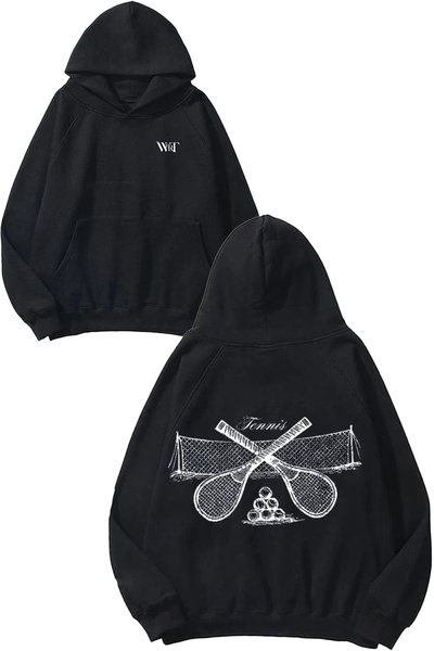 THEWERT Tennis 5 Design Back Printed Black Hooded Sweatshirt