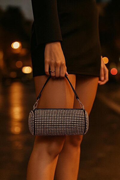 RumyaCollection Women's Stone Cylinder Evening Bag Evening Dress Hand Bag Silver Gray