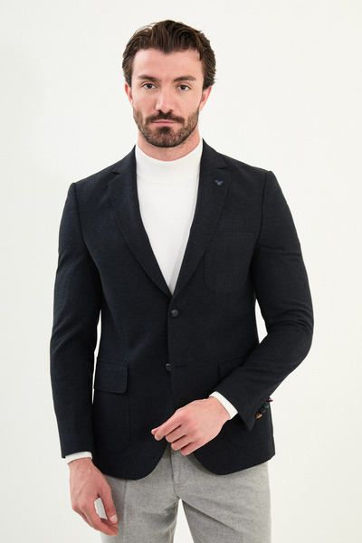 Mcr Straight Slim Fit Bag Pocket Mono Collar Wool Men's Jacket Navy Blue - 41470.25K