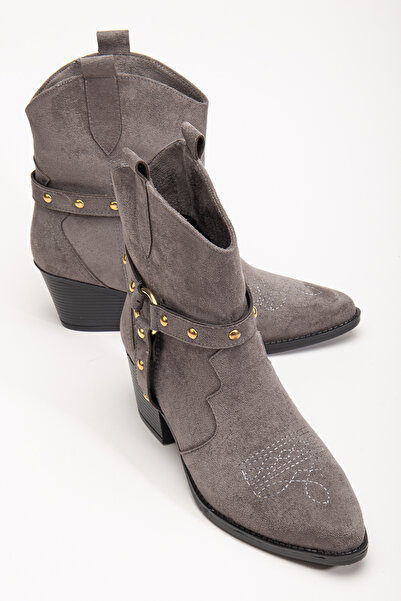 MS SUGAR SHOES Western Kovboy Gri Kadın Nakışlı Trok detaylı Kısa Bot