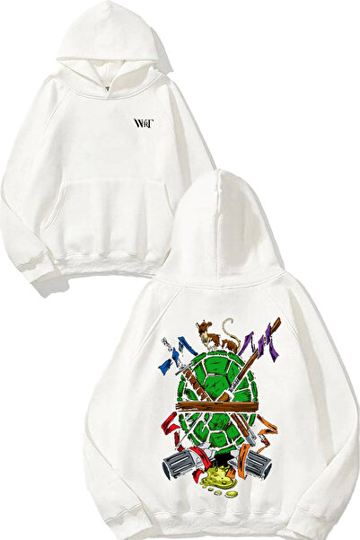 THEWERT سويت شيرت أبيض بقلنسوة مطبوع عليه تصميم سلاحف النينجا