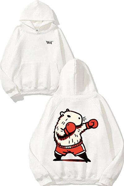 THEWERT Hanorac alb cu glugă cu design de șoarece de box imprimat pe spate