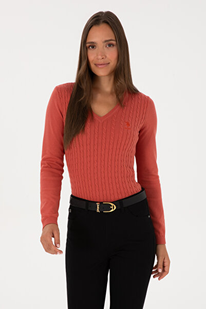 U.S. Polo Assn. Kadın Gül Kurusu V Yaka Basic Kazak 50307710-VR026