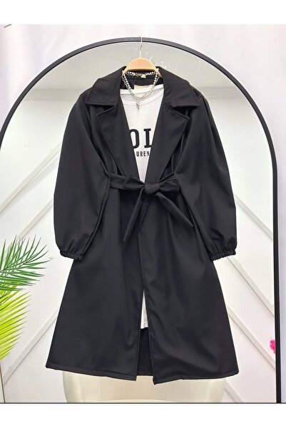 PALMİYE GİYİM Kadın Siyah Kruvaze Yaka Kuşaklı Balon Kol Trençkot
