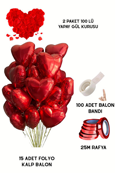 Baloncu Nene 15 Red Heart Foil Balloon Set Artificial Rose Petals Romantic Ornament Package