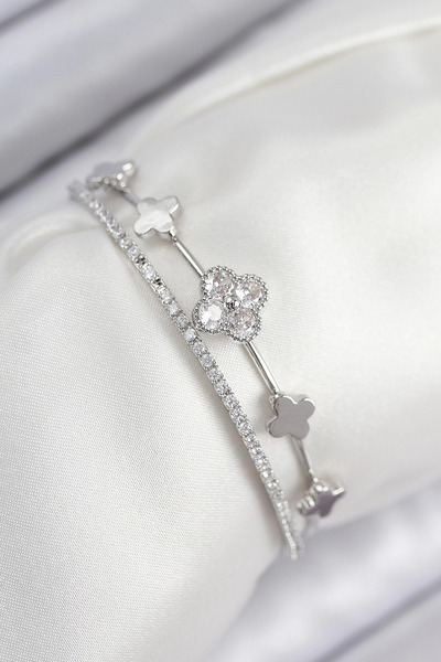 Epilons سوار نسائي من الفضة على شكل برسيم من حجر الزركون والزنبرك من Bfs