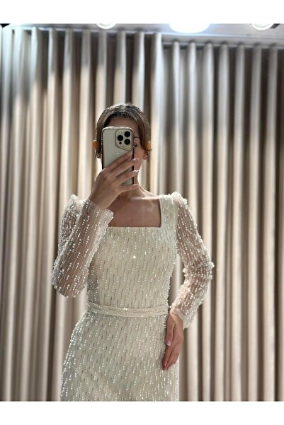 Kaleiçi Yıldızlar Krem Yeni Sezon Taş İşlemeli Abiye 8528