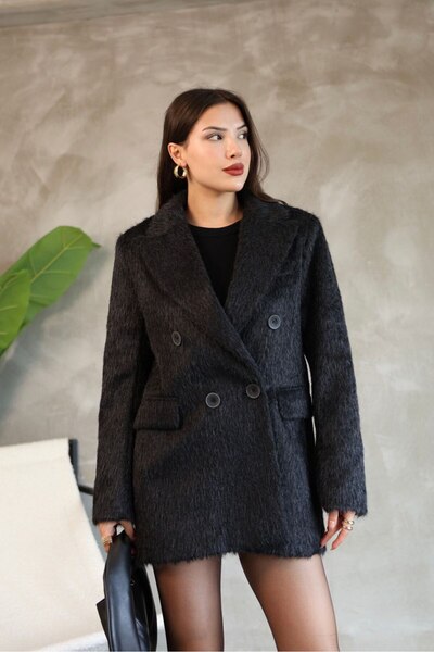 POP STORY Double Buttoned Short Plush Coat Stylish Oversized Fur Look Jacket