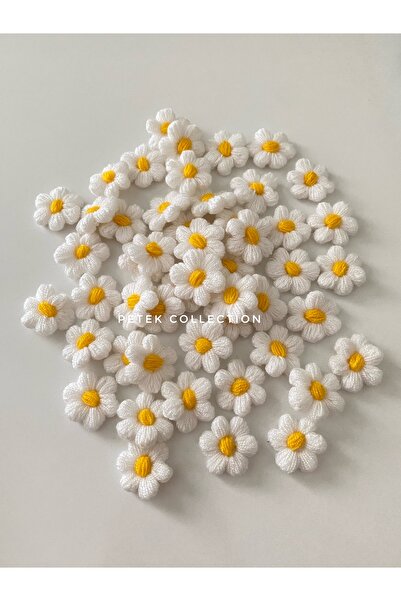 Petek Collection Örgü papatya motif çiçekler - Beyaz çiçek,sarı tomurcuk (10’...