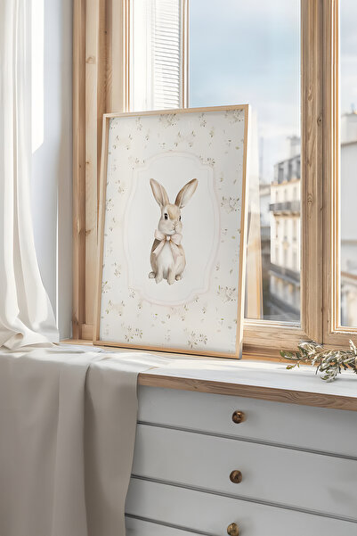 Home 2'li Pembe Çiçekli Tavşan Çocuk Odası Dekoru, Vintage Kız Odası , Çerçevesiz Poster Seti