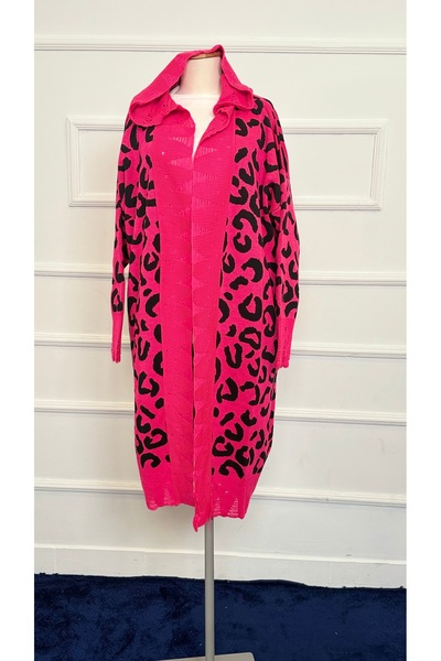 RACE FASHİON Hooded Openwork Leopard Patterned Long Knitwear Cardigan Rc8002