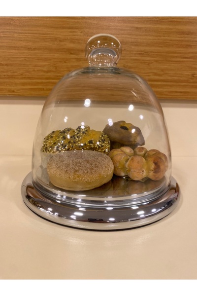 PLUS HOME Cake and Pastry Blowing Glass Cover Bell Jar and Brass Silver Stand Diameter 21 cm