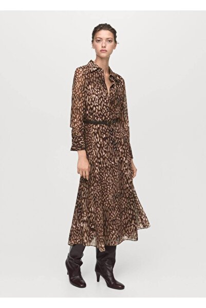 MANGO Woman Leopar desenli kemerli gömlek elbise