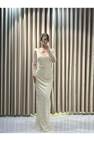 Kaleiçi Yıldızlar Krem Yeni Sezon Taş İşlemeli Abiye 8528