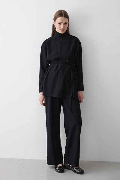 JASTE Women's Black Stand Collar Belted Tunic & Button Detailed Elastic Waist Pants Top & Bottom Set