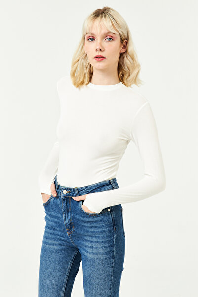 mısstresa boutıque Women's White Crew Neck Finger Detailed Bodysuit