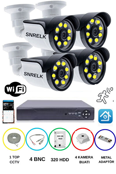 SNRELK HAMA GÜVENLİK KAMERASI 4'LÜ 5MP LENS WARM LEDLİ GECE RENKLİ AHD 320 GB...