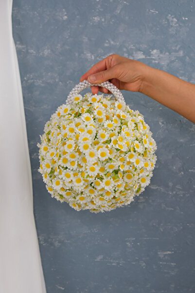 Uğur Gelin Buketi Papatyalı Özel Tasarım Yuvarlak Çanta Gelin Buketi